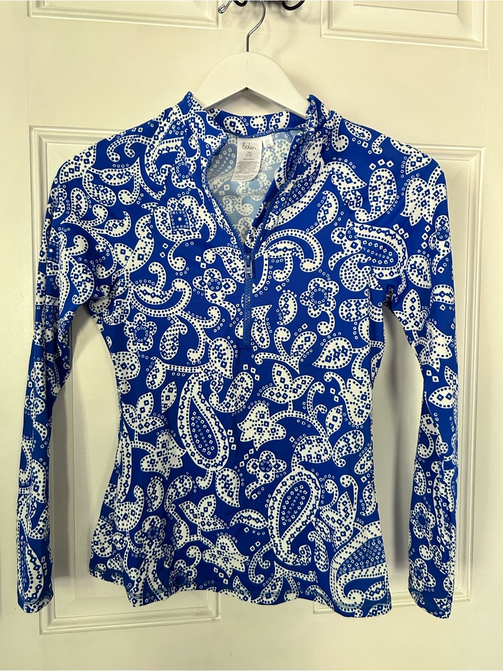 Boden Blue & White Paisley Zip-Front Long Sleeve Top